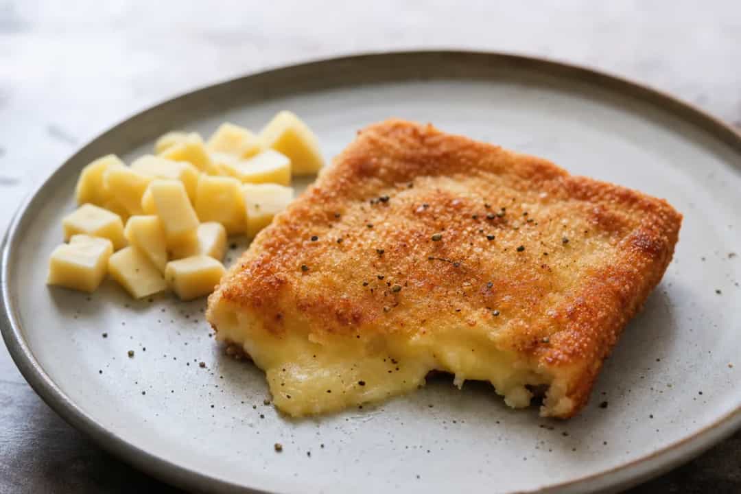 Crispy fried cheese slices served with creamy tartar sauce and garnished with fresh herbs.