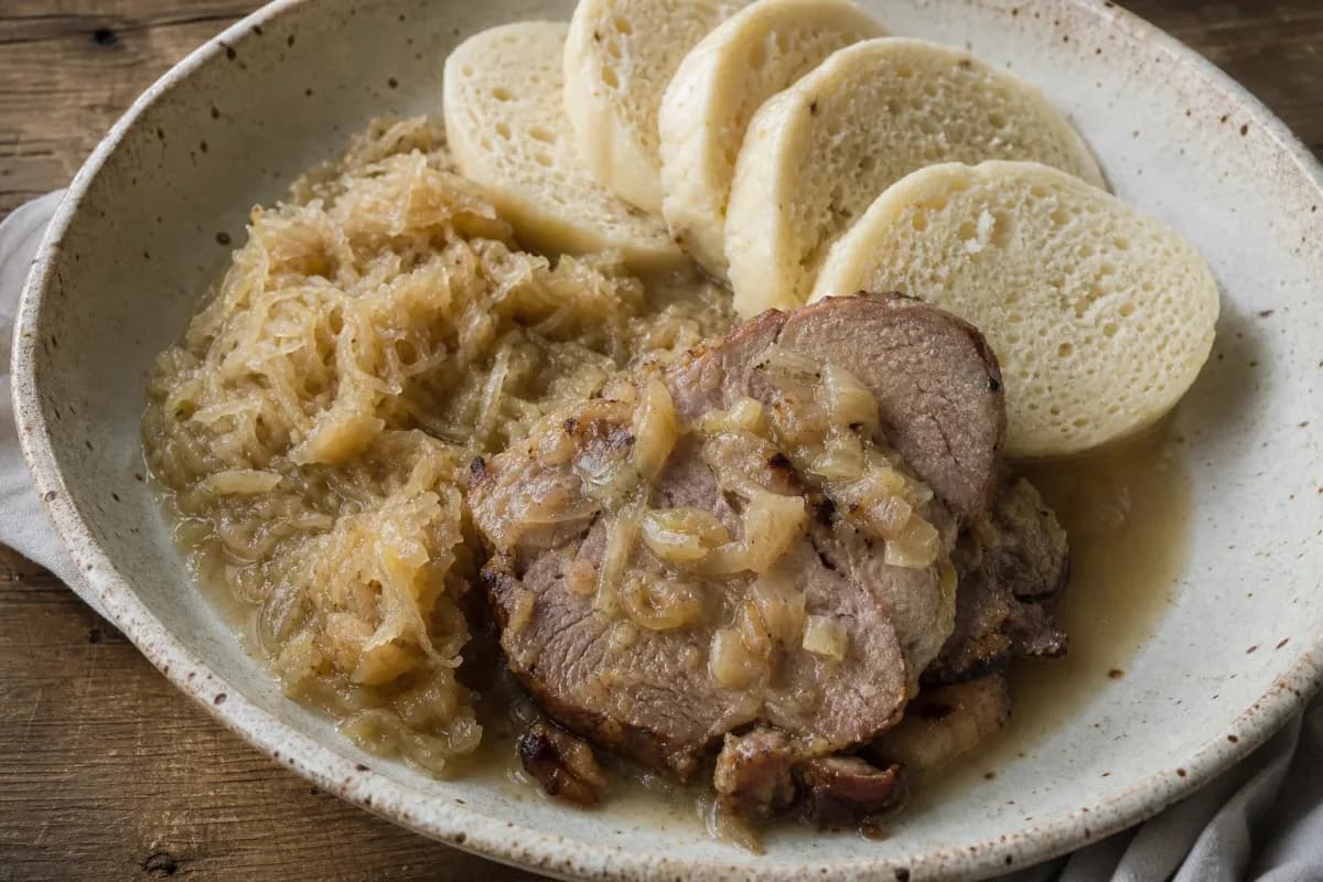 Sliced roast pork served with fluffy dumplings and sauerkraut on a plate.