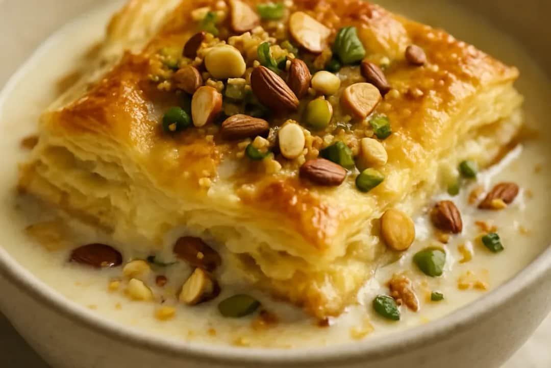 Decadent Puff Pastry Pudding Baked with Nuts — dessert recipe, beautifully plated and ready to serve