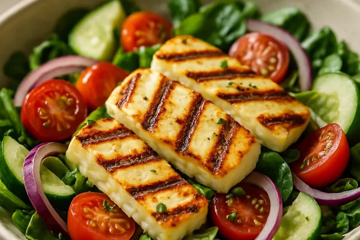 Delicious Grilled Halloumi Salad with Fresh Vegetables — healthy recipe, beautifully plated and ready to serve