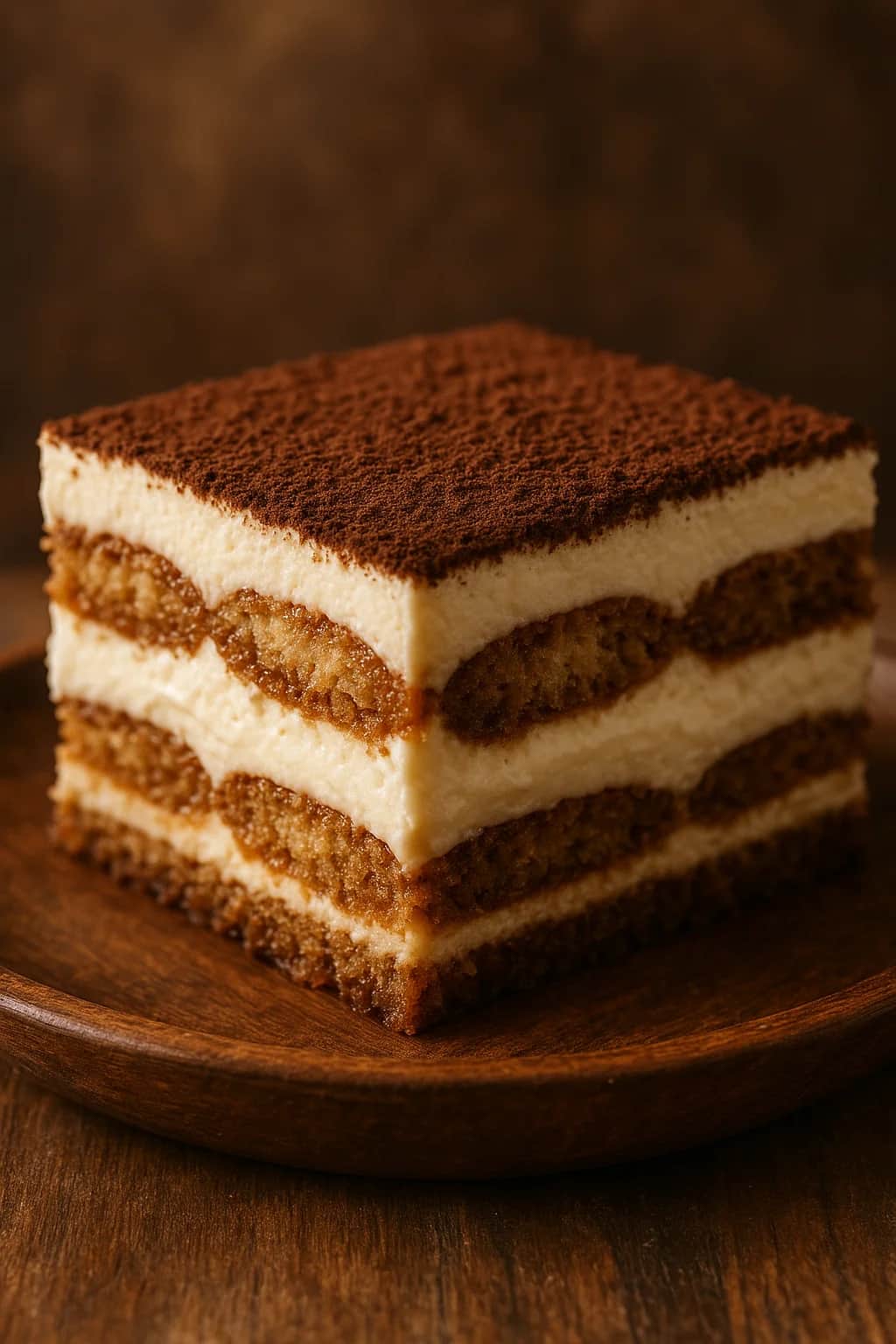 Close-up of Delicious Italian Tiramisu with Coffee and Cream Layers, showing rich texture and finishing garnish (dessert recipe)