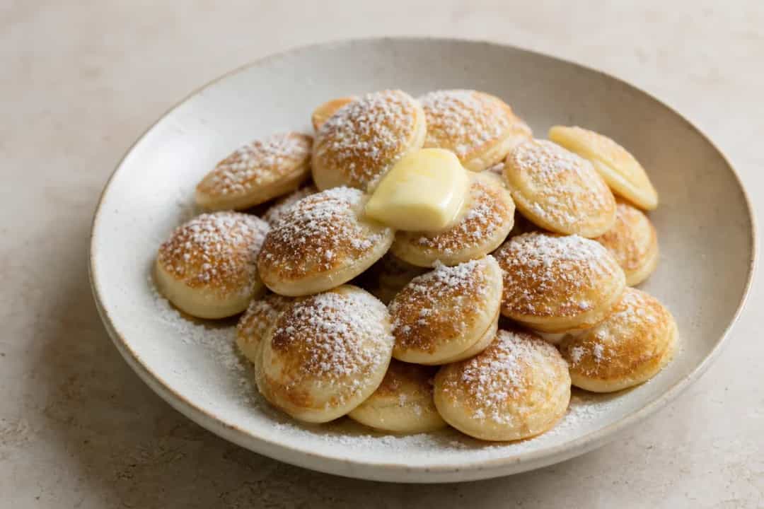 Fluffy Dutch poffertjes topped with melted butter and dusted with powdered sugar on a plate.