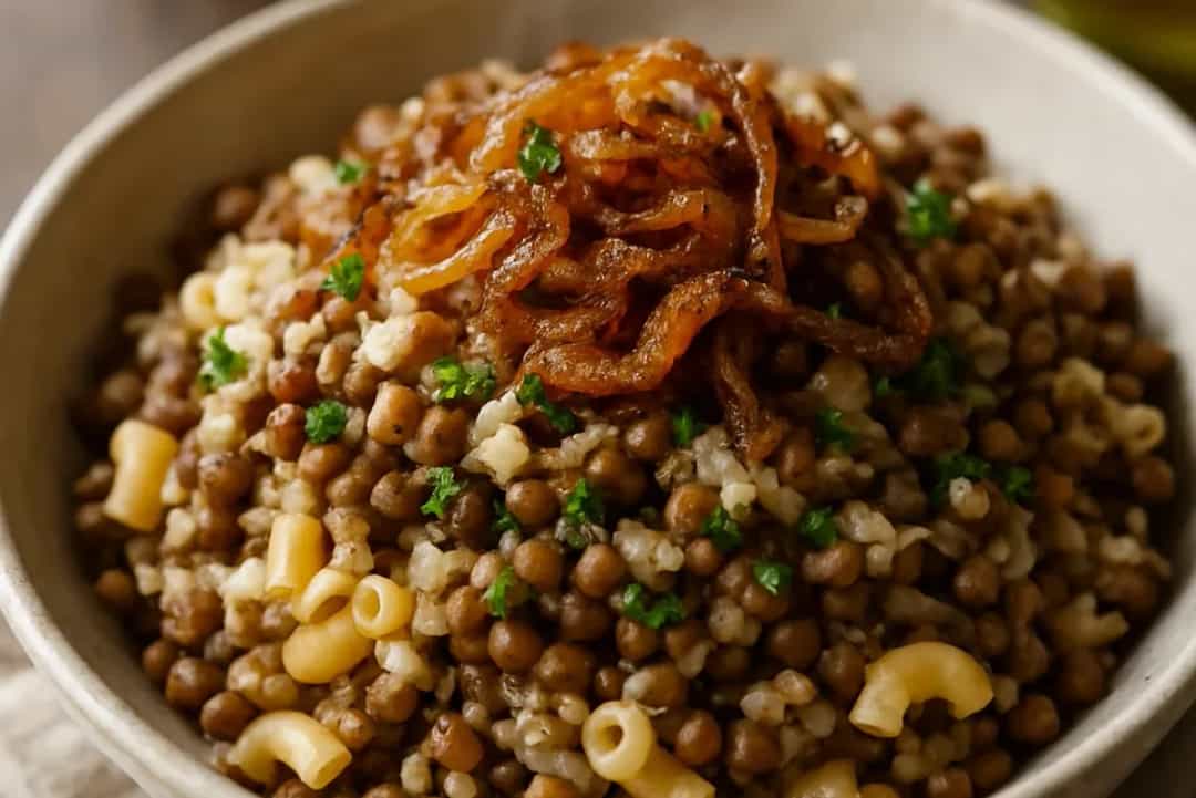 Easy Egyptian Koshari with Lentils and Rice Cooking Method — vegan recipe, beautifully plated and ready to serve