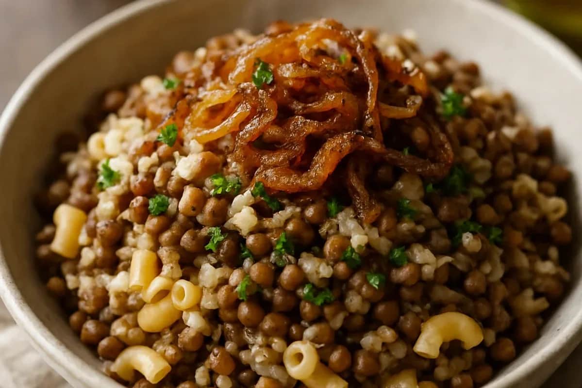 Easy Egyptian Koshari with Lentils and Rice Cooking Method — vegan recipe, beautifully plated and ready to serve