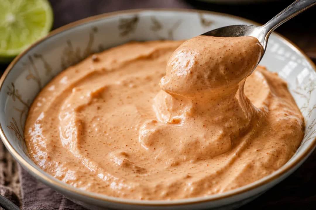 Creamy chipotle sauce in a bowl with a smoky flavor, garnished with fresh herbs.