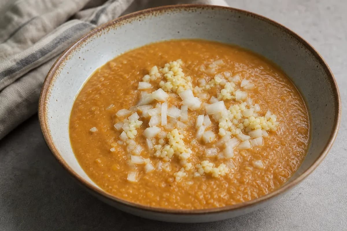Thick, golden Ethiopian Shiro Wat garnished with fresh herbs and served with injera.