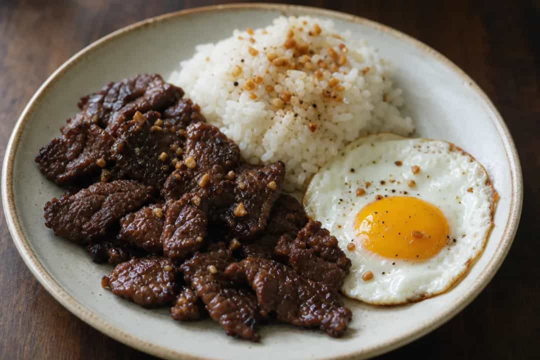Plated Filipino beef tapa with garlic rice and a sunny-side-up fried egg, garnished with green onions.