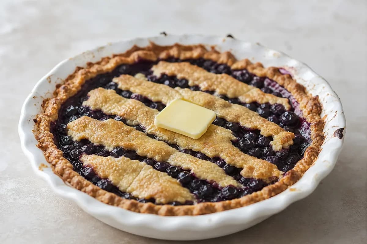 Slice of blueberry pie with golden crust, topped with vanilla sauce and fresh blueberries.