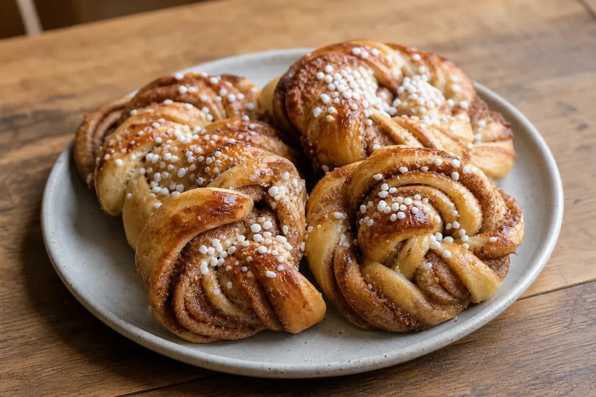 Golden-brown cinnamon buns topped with pearl sugar, garnished with cardamom.