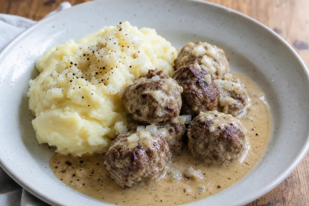 Tender Finnish meatballs smothered in creamy sauce, served with fluffy mashed potatoes and garnished with parsley.