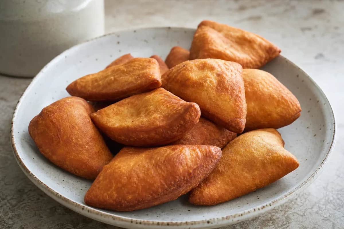 Golden-brown mandazi with a fluffy texture, garnished with powdered sugar and served on a white plate.