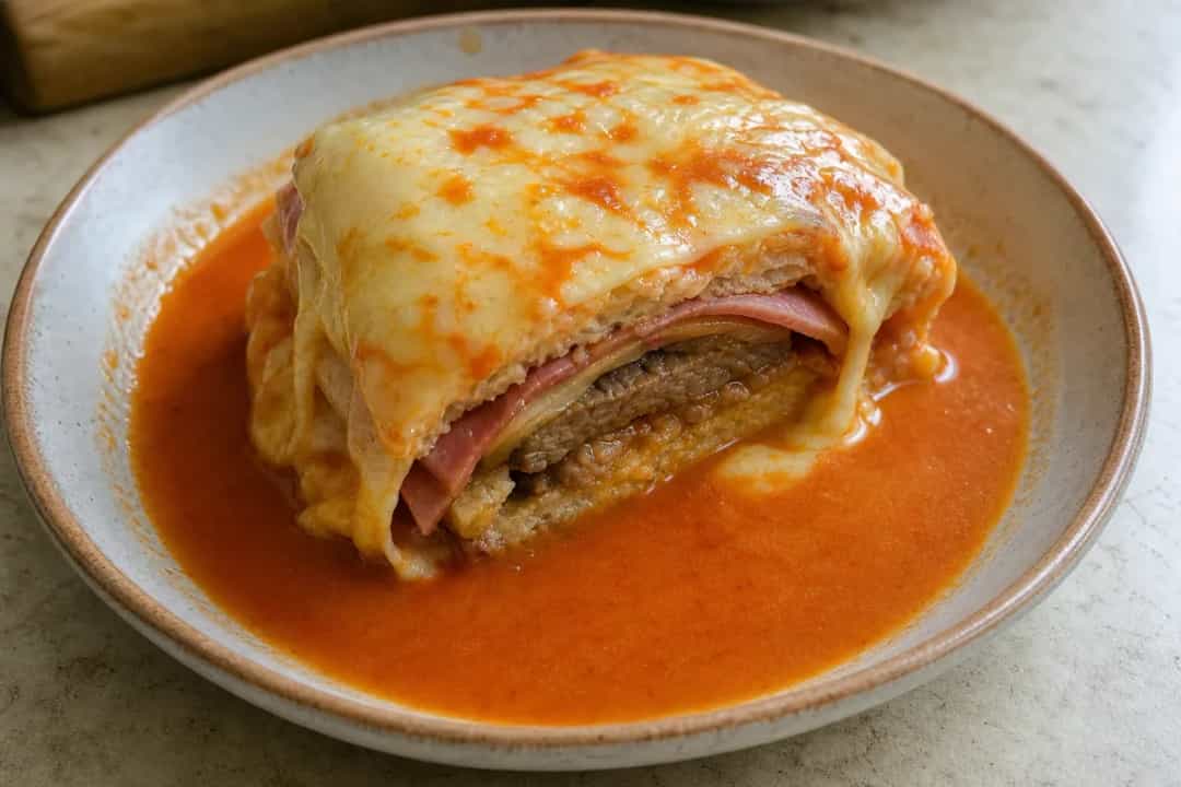 Francesinha sandwich showcasing layers of meat, topped with rich sauce and melted cheese, served with crispy fries.