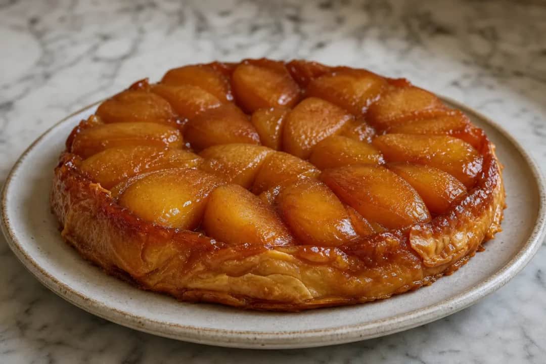 Upside-down tart with golden caramelized apples and flaky pastry crust, elegantly plated.