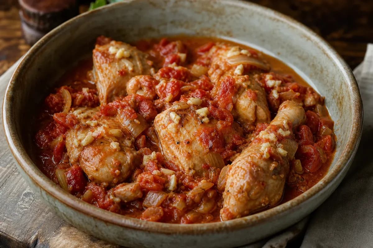 Hearty Georgian Chakhokhbili with tender chicken, vibrant tomatoes, and fresh herbs served in a rustic bowl.