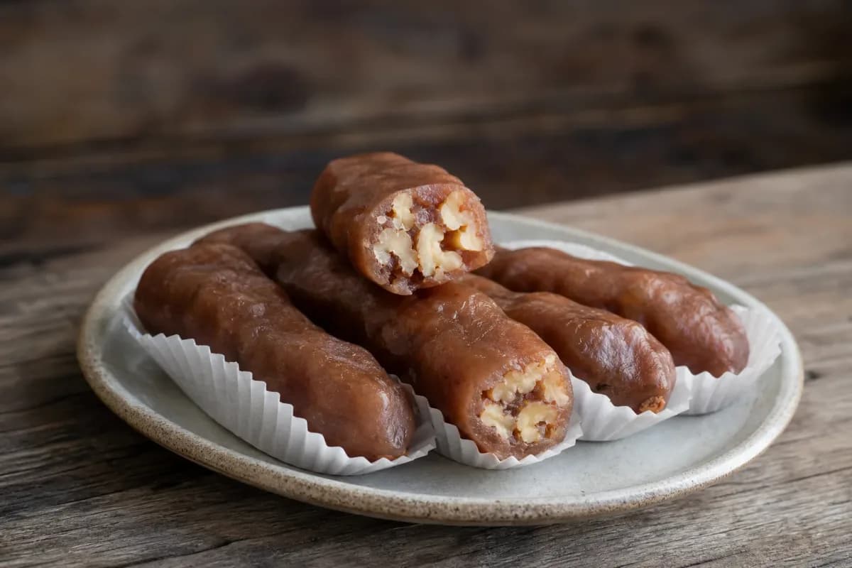 Colorful churchkhela with a glossy grape must coating and walnuts visible inside