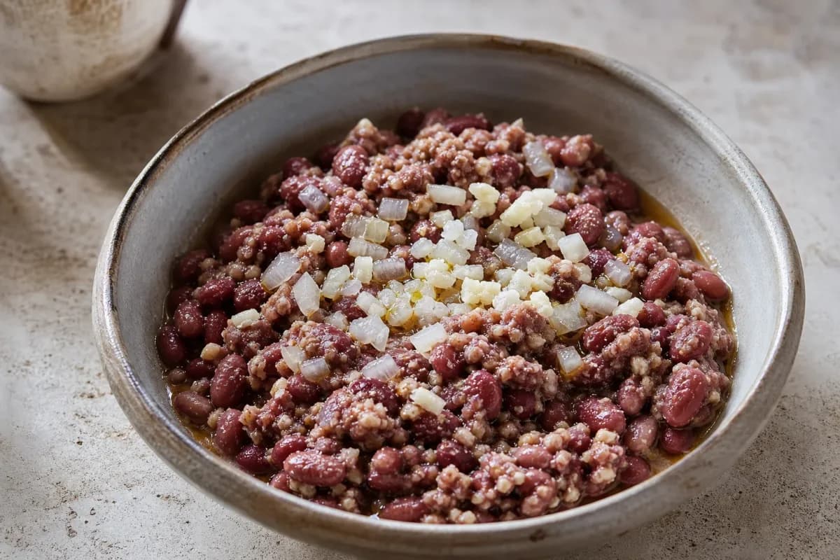 A hearty bowl of Georgian Lobio with red beans, chopped walnuts, and vibrant fresh herbs garnished beautifully.
