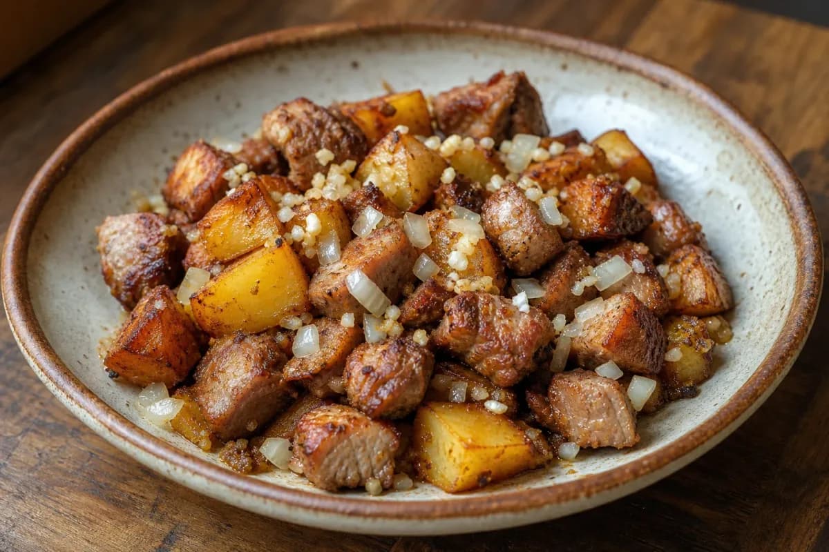 Golden-brown pan-fried potatoes next to seasoned pork, garnished with herbs.