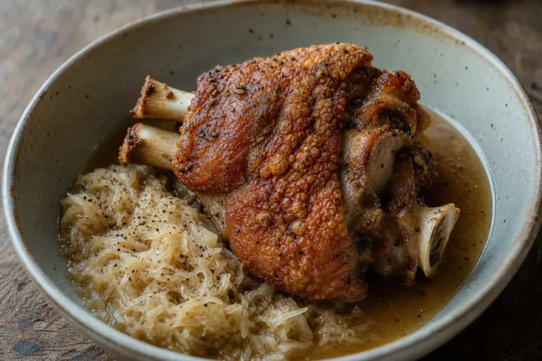 Golden-brown crispy Schweinshaxe served with sauerkraut and garnish.