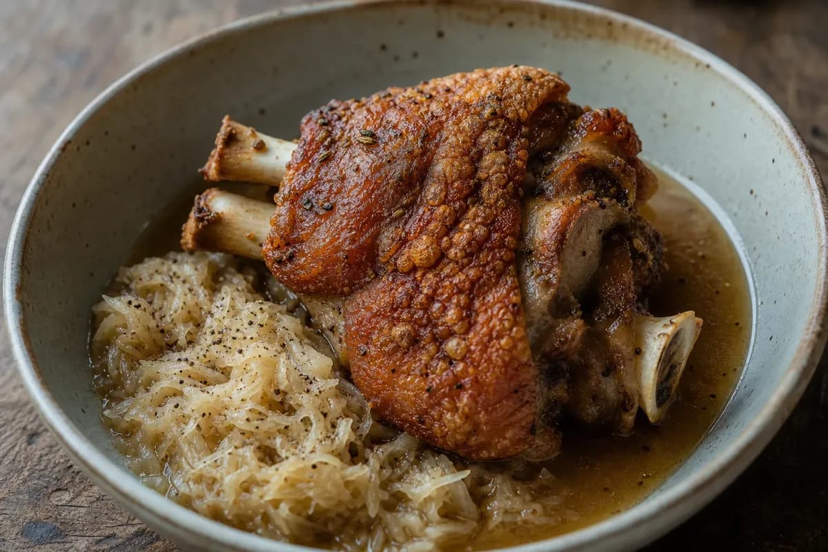 Golden-brown crispy Schweinshaxe served with sauerkraut and garnish.