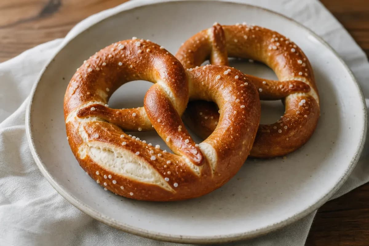 Golden-brown soft pretzels sprinkled with coarse salt on a wooden board.