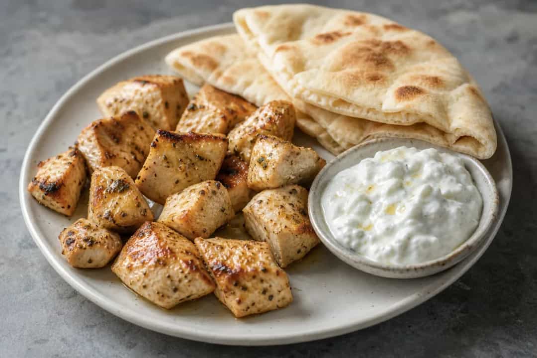 Tender chicken souvlaki skewers served with fresh tzatziki sauce and warm pita bread, garnished with herbs.
