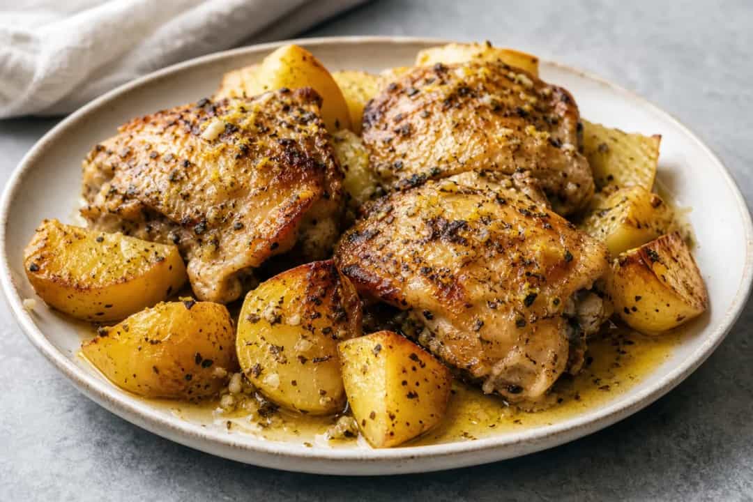 Plated Greek lemon chicken with golden potatoes, garnished with oregano and lemon slices, showcasing a delicious roast.