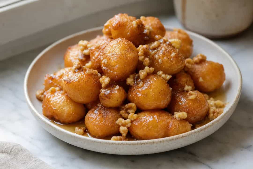 Golden brown loukoumades drizzled with honey, sprinkled with cinnamon and walnuts on a white plate.