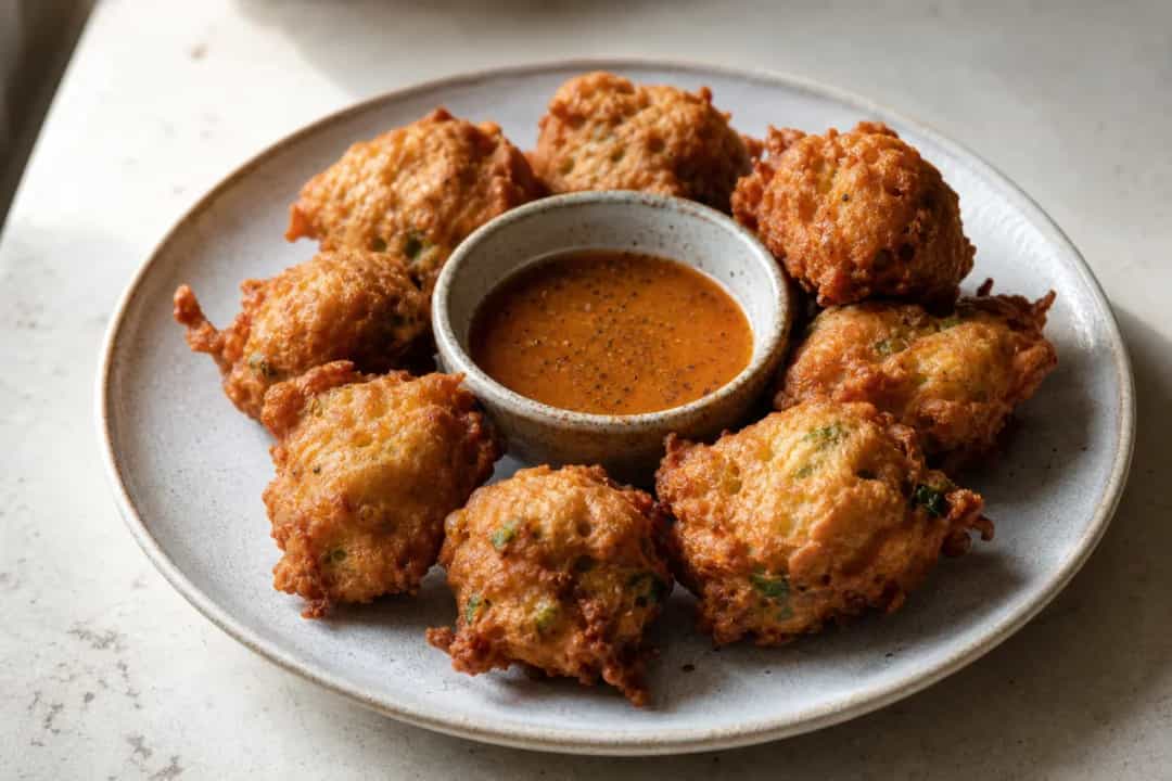 Golden-brown malanga fritters with a crispy exterior and garnished with fresh herbs, served on a plate with dipping sauce.