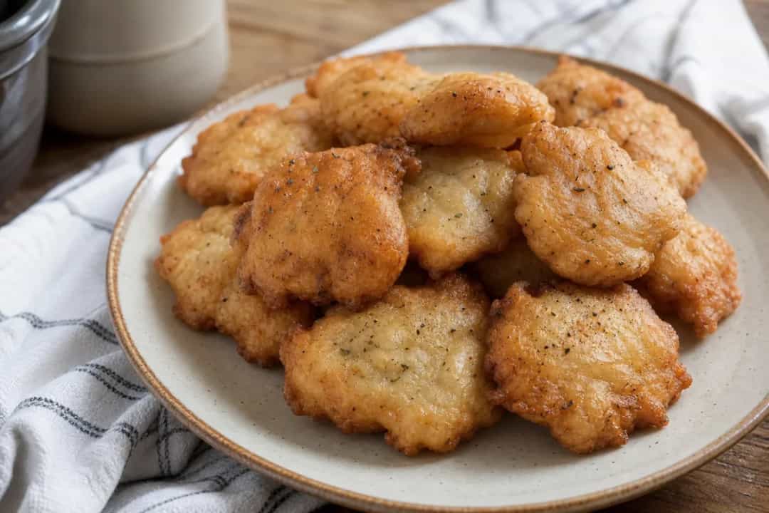 Golden-brown Haitian marinad fritters garnished with herbs and spices, served on a white plate.