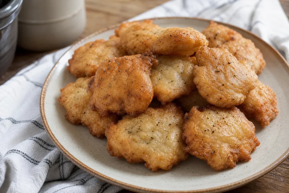 Golden-brown Haitian marinad fritters garnished with herbs and spices, served on a white plate.