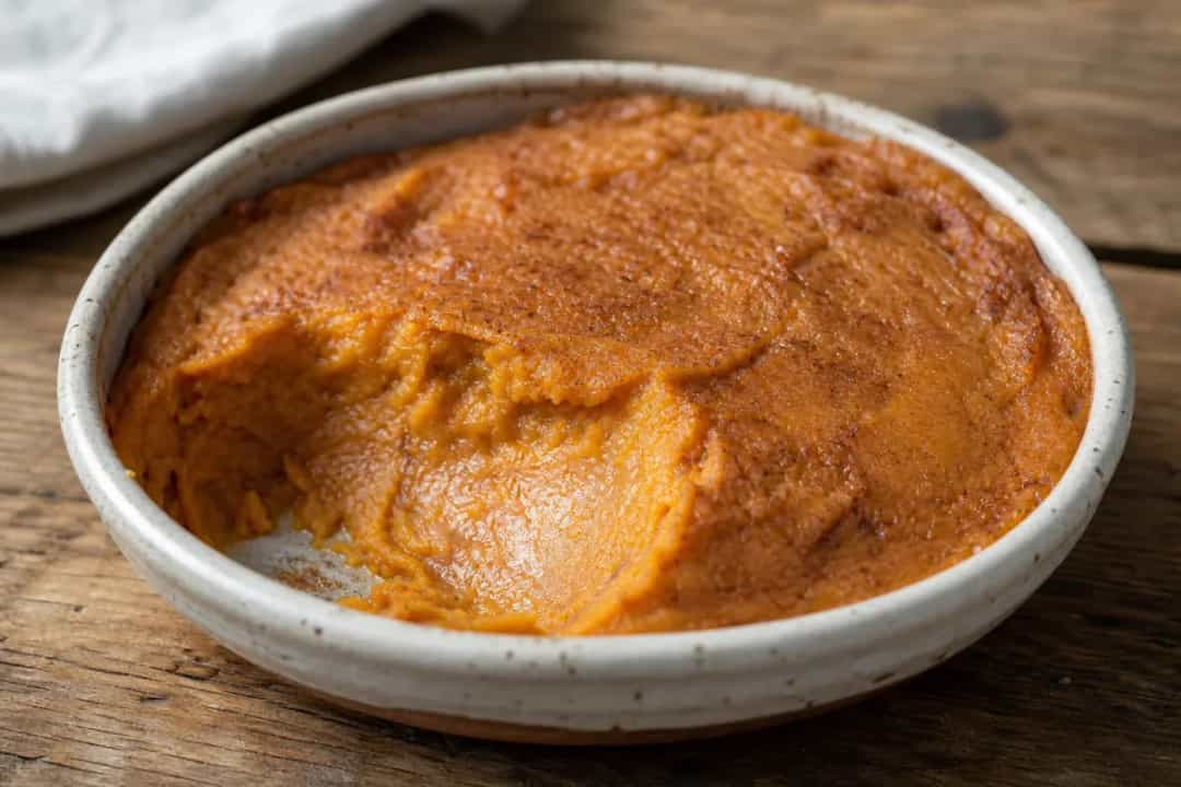Creamy sweet potato pudding with golden top, garnished with coconut.