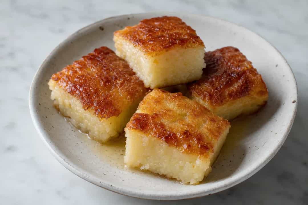 Plated Hawaiian butter mochi with a glossy top and chewy texture, garnished with shredded coconut.