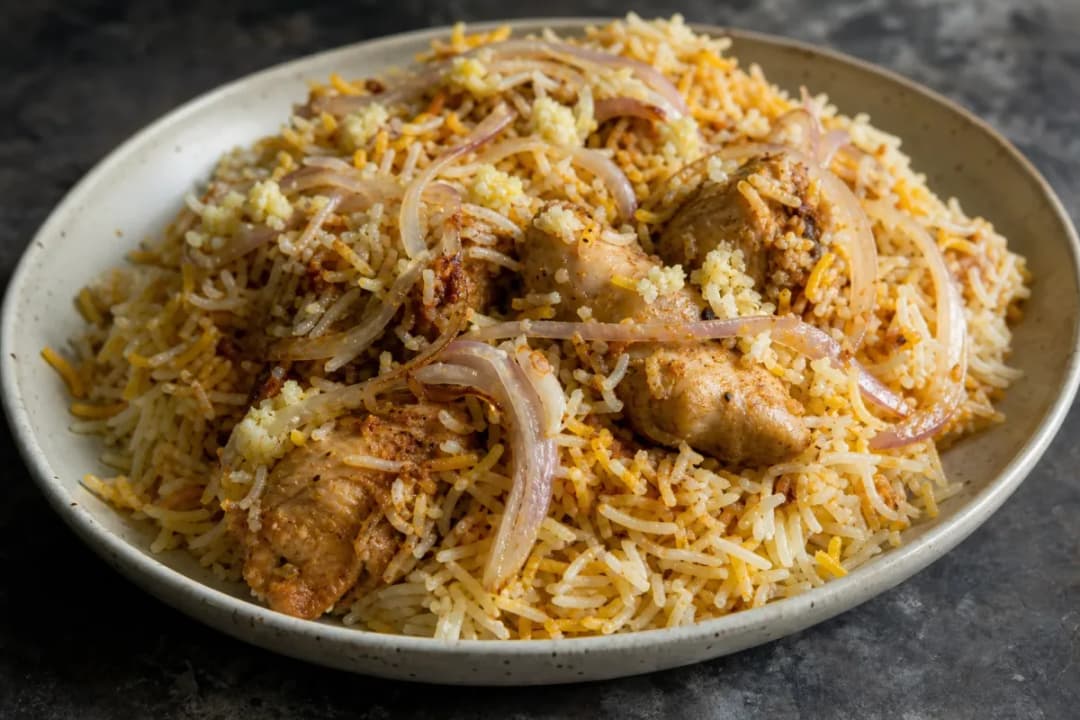 Hyderabadi Chicken Biryani with Saffron Rice Layers