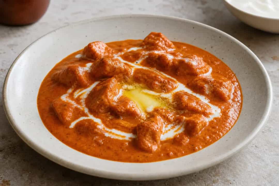 Plate of Indian Butter Chicken garnished with cilantro, served with naan and rice, showcasing rich creamy sauce and tender chicken pieces.