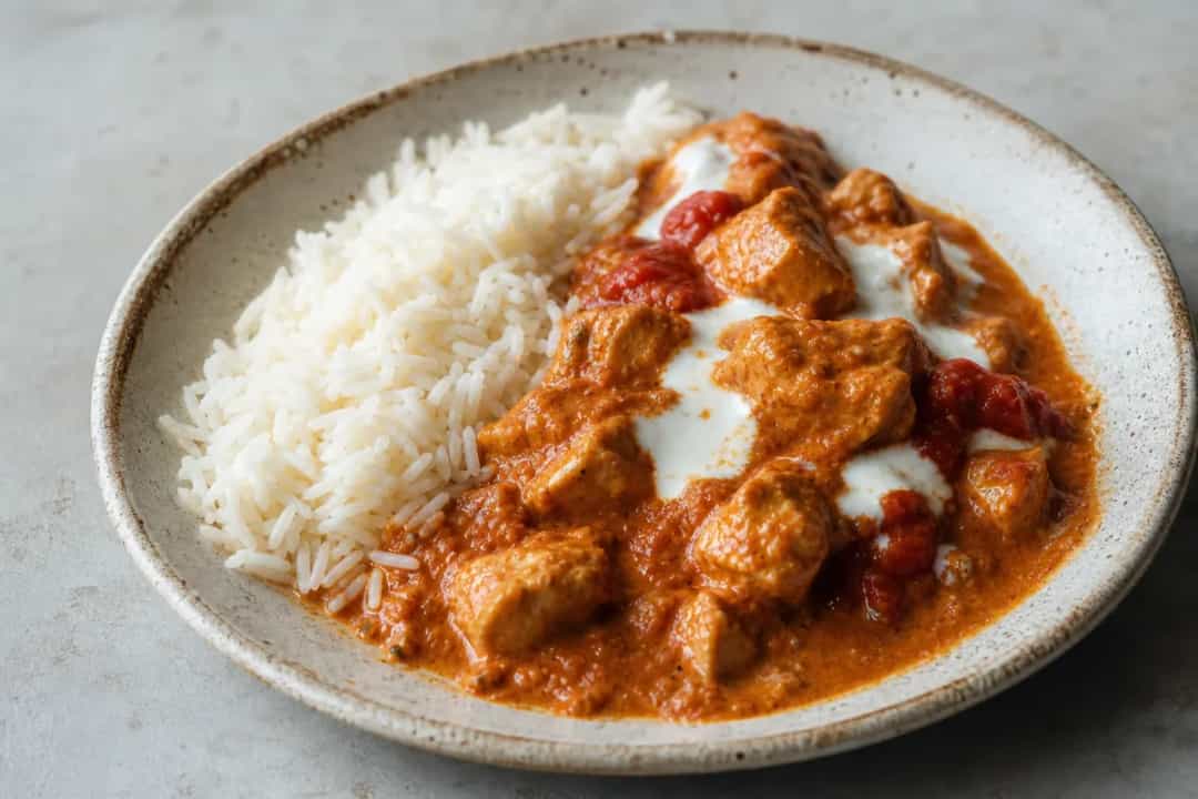 Creamy chicken tikka masala with basmati rice, garnished with cilantro and spices