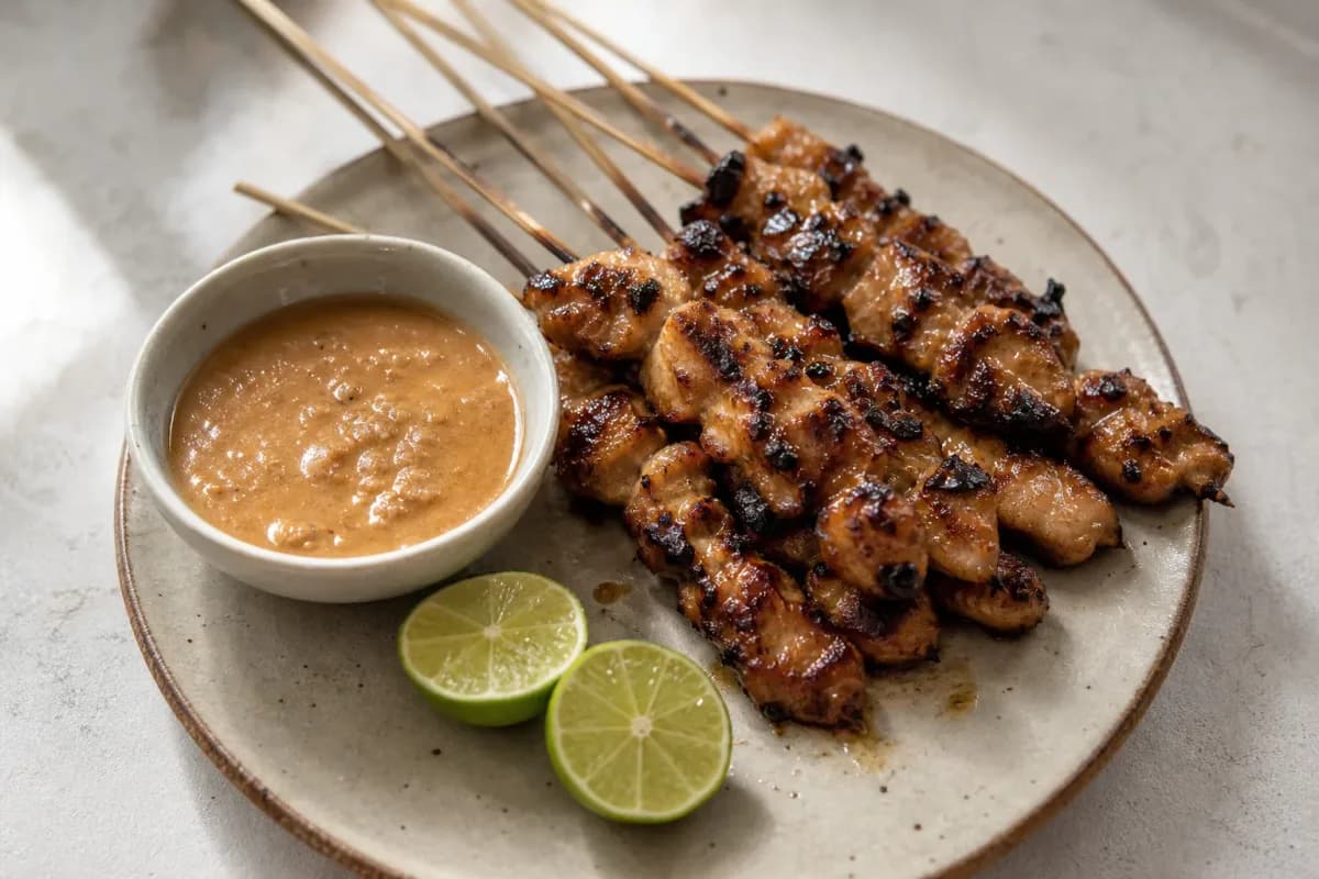 Grilled chicken satay skewers with a creamy peanut sauce, garnished with cucumber and herbs.