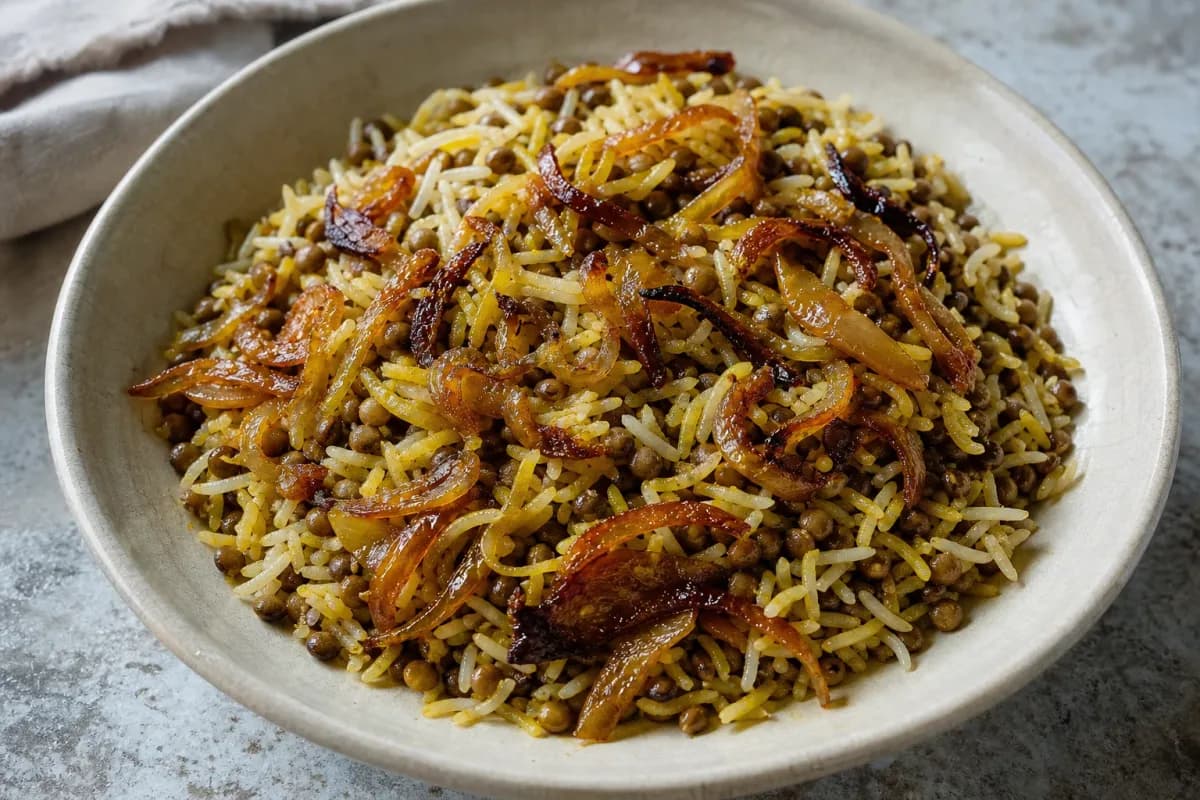 Fluffy rice layered with lentils and golden caramelized onions, garnished with herbs.