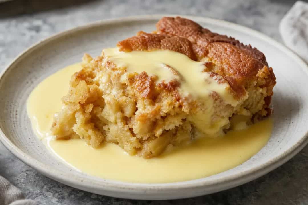 A slice of Irish apple cake topped with smooth custard sauce and fresh apple slices.