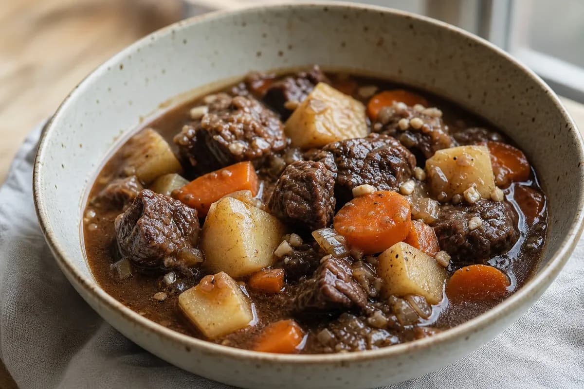 A hearty bowl of Irish beef stew with tender meat, carrots, and potatoes garnished with parsley.