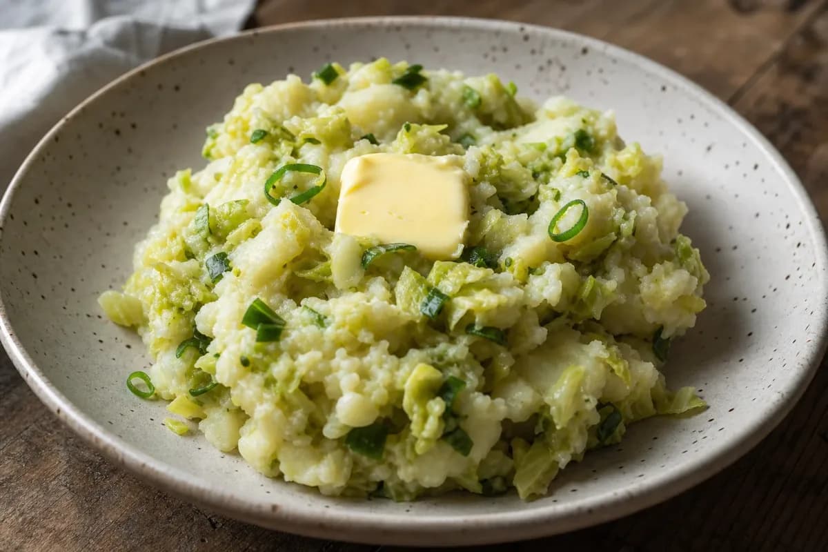 Creamy mashed potatoes mixed with sautéed cabbage and green onions, served in a bowl.