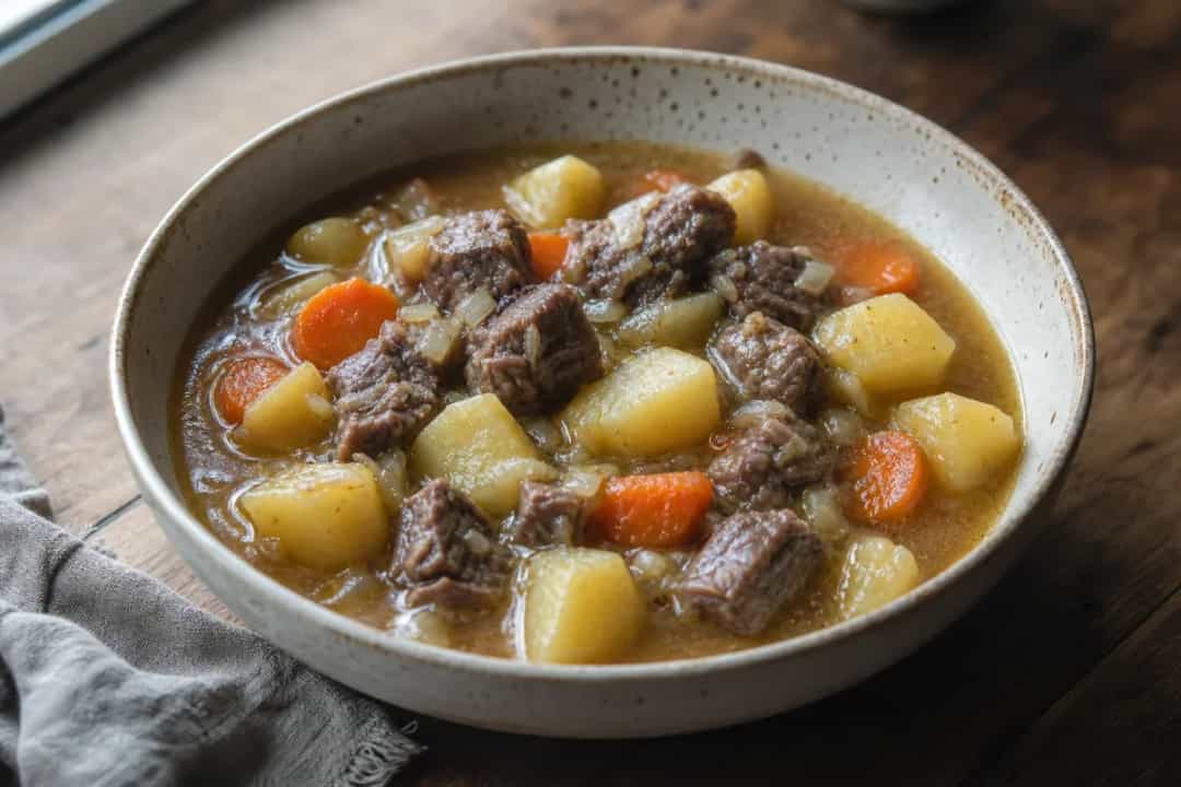 A hearty Irish lamb stew with tender meat, potatoes, and vibrant carrots in a rustic bowl.