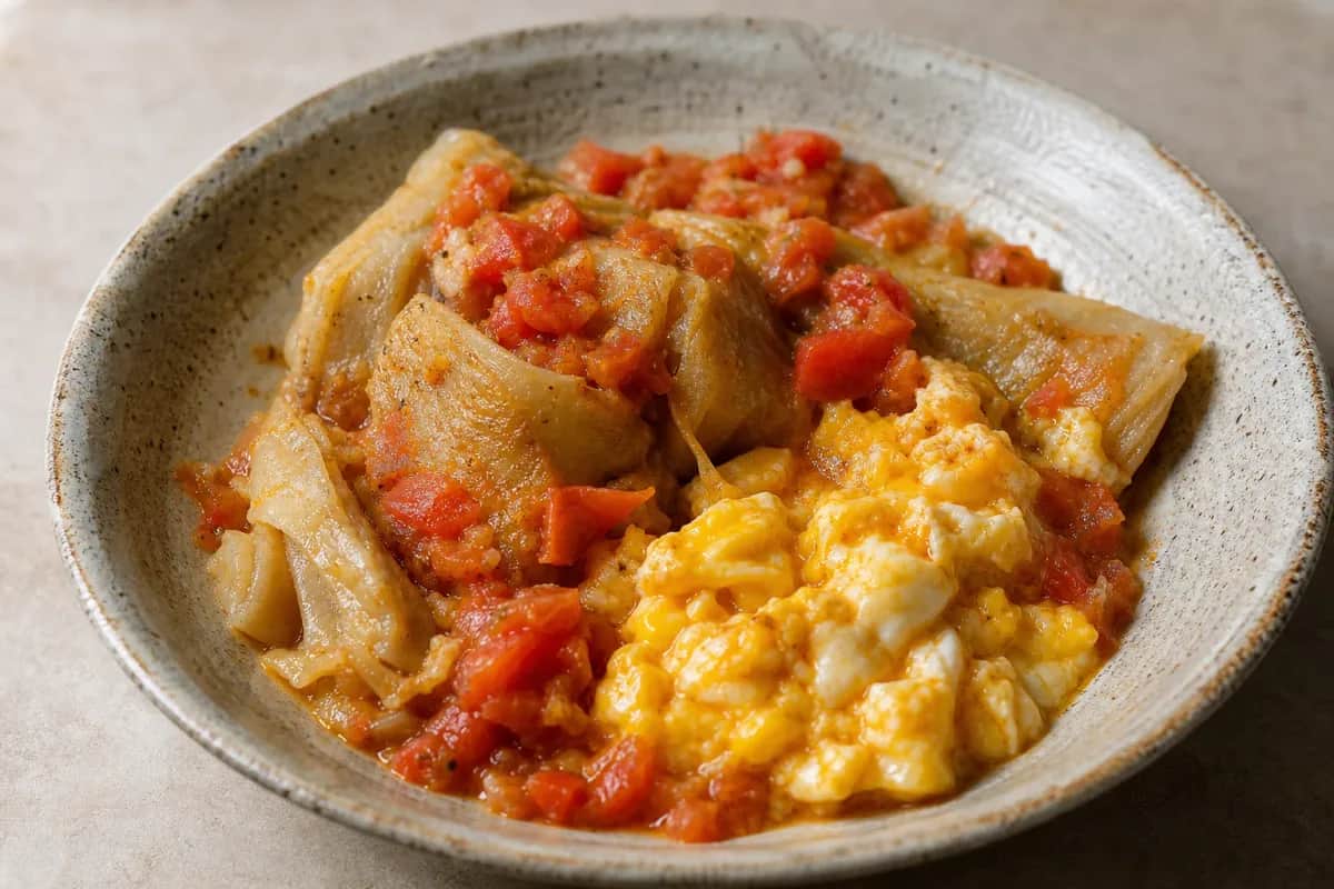 Layers of golden jachnun pastry topped with tomato, egg, and zhug sauce, garnished with herbs.