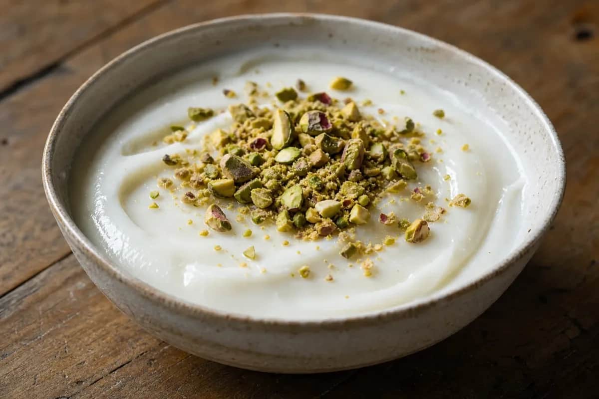 Creamy malabi pudding topped with crushed pistachios and rose petals, garnished elegantly.