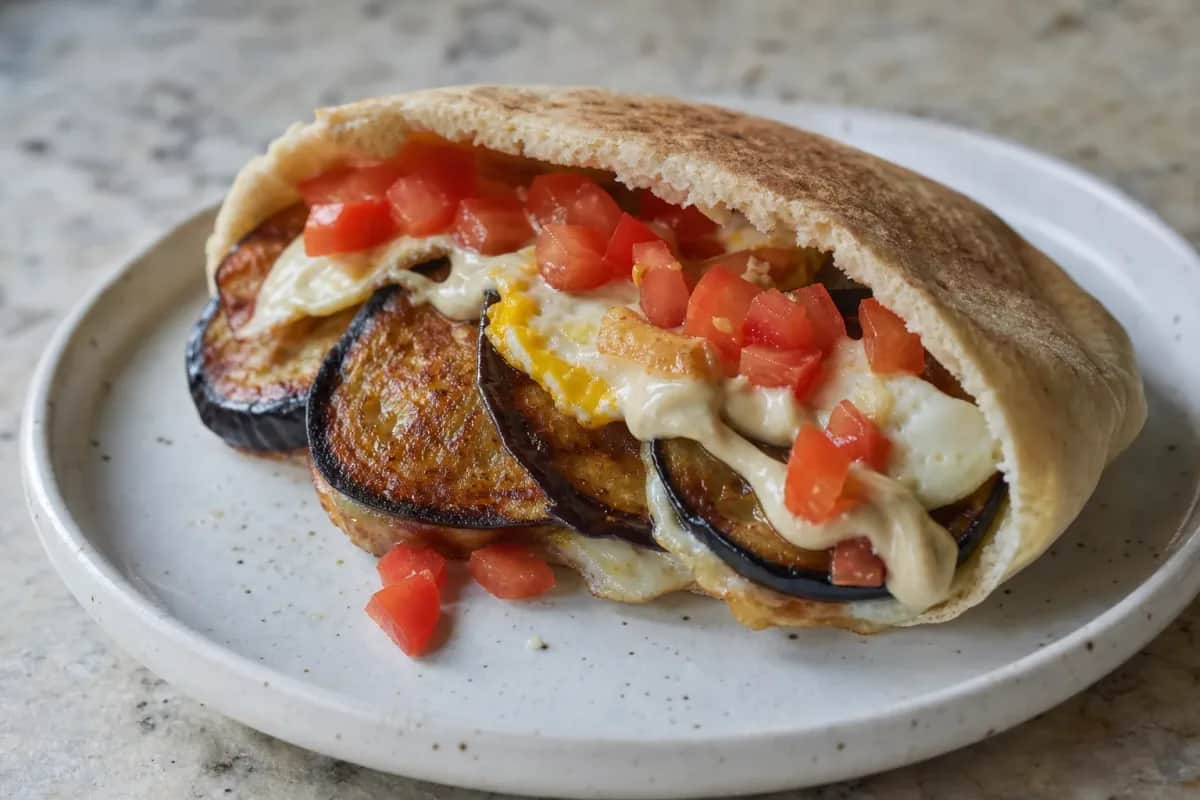 A stuffed pita filled with fried eggplant, boiled eggs, and tahini sauce, garnished with fresh vegetables.