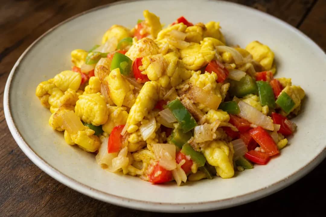 Plated Jamaican ackee and saltfish with vibrant bell peppers and onions, garnished with herbs.