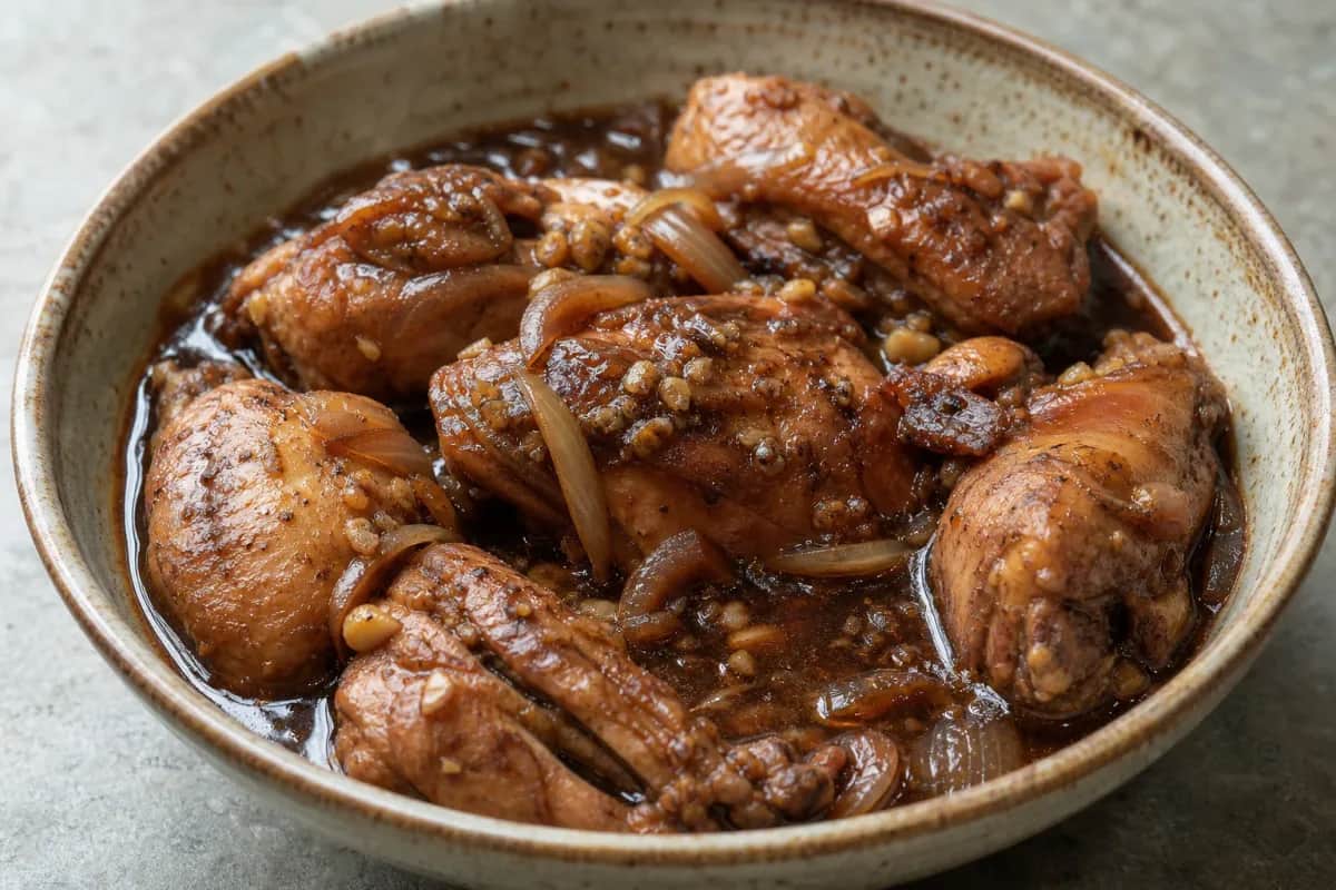 Tender chicken pieces in a rich brown gravy, garnished with bell peppers and herbs.