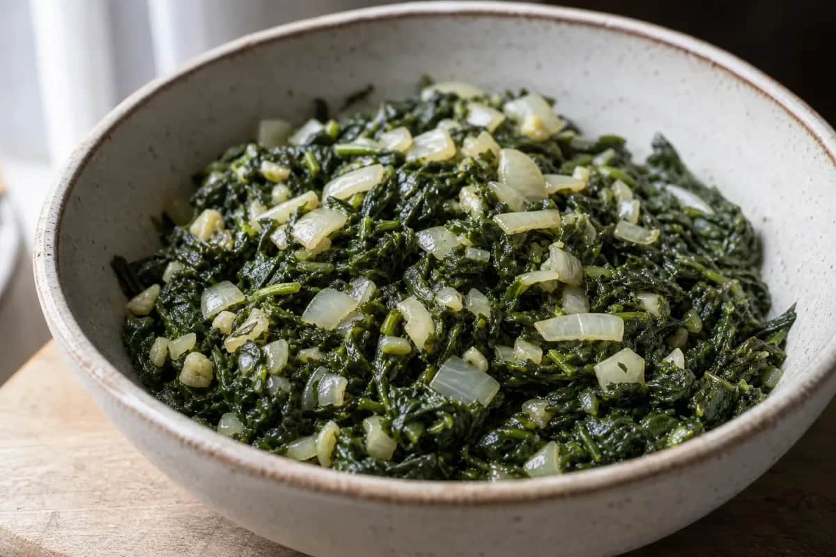 A vibrant dish of sautéed callaloo with garlic and thyme, garnished with fresh herbs.
