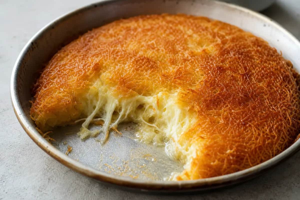 Golden kunafa topped with crushed pistachios, showcasing a gooey cheese filling and crispy texture.