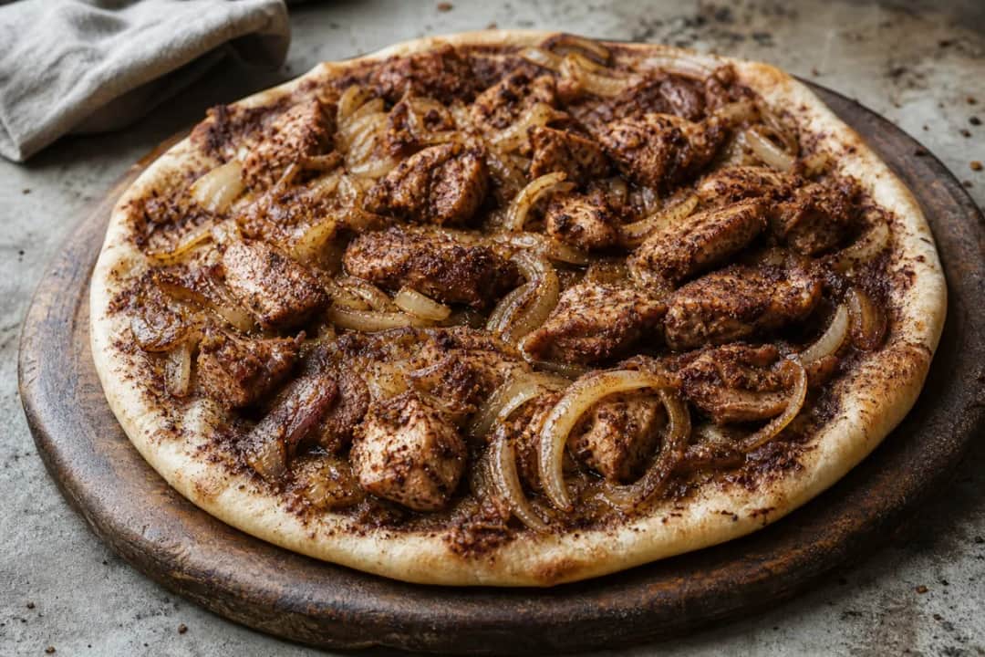 Flatbread topped with sumac chicken, golden caramelized onions, and fresh herbs, garnished with lemon wedges.