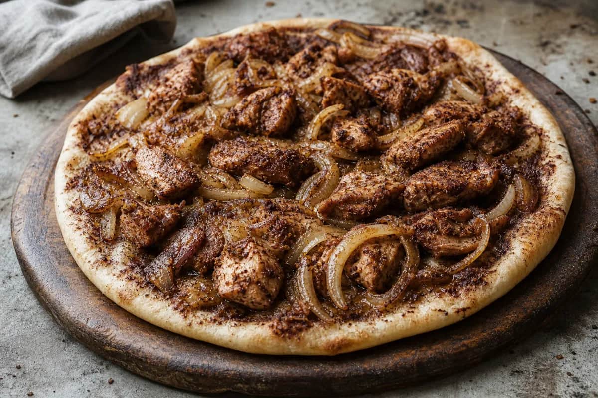 Flatbread topped with sumac chicken, golden caramelized onions, and fresh herbs, garnished with lemon wedges.